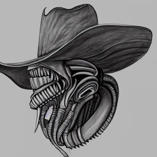 Image similar to a pencil sketch of a xenomorph wearing a cowboy hat, white background, fine detail, 8 k details