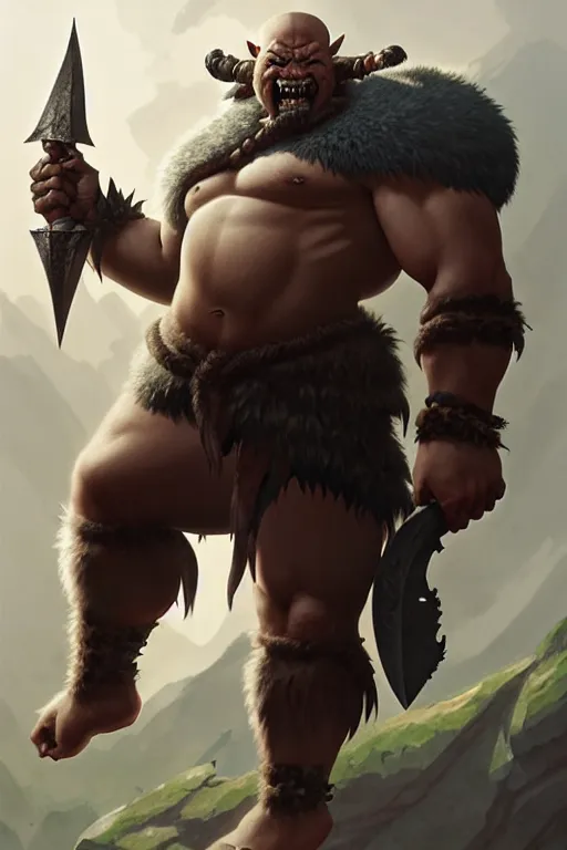 Image similar to orc barbarian wearing leather armor, full body shot, exquisite details, earth magic, mid view, design on a white background, by studio muti, greg rutkowski, makoto shinkai, takashi takeuchi, studio ghibli