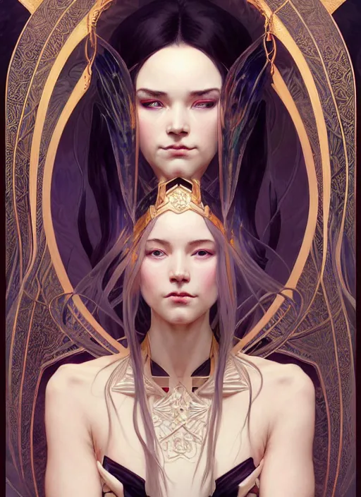 Image similar to symmetry!! portrait of a female sorcerer, dar fantasy, intricate, elegant, highly detailed, my rendition, digital painting, artstation, concept art, smooth, sharp focus, illustration, art by artgerm and greg rutkowski and alphonse mucha and huang guangjian and gil elvgren and sachin teng