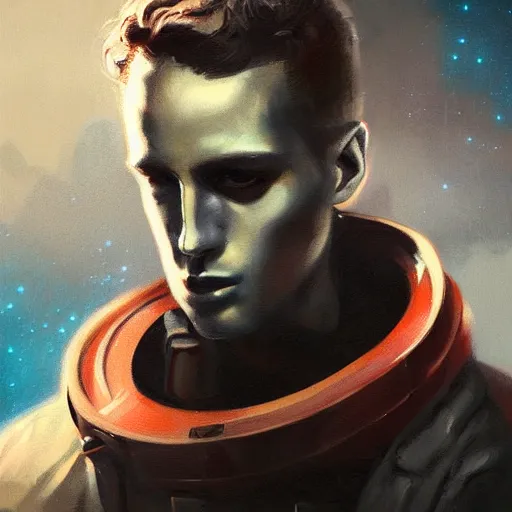 Image similar to portrait painting of a science fiction character space mechanic, retrowave noir, in the style of casey baugh and james jean, hyper realistic face, photorealistic face
