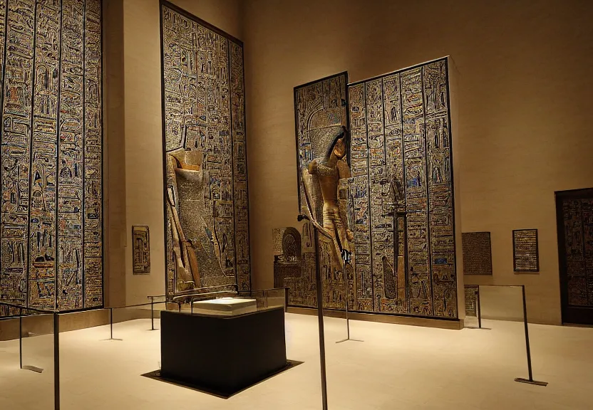 Prompt: the met egyptian room museum large windows water and sculptures photo daylight