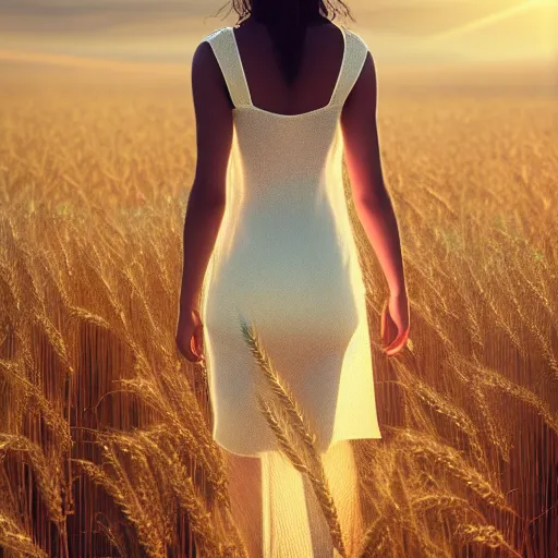 Prompt: close-up shot, a beautiful painting of a girl in a airy semi-transparent thin light dress standing in the glowing wheat fields, mystical setting, afternoon sun, long shadows, photo from the back, 135mm, trending on artstation