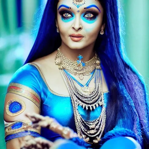 Image similar to aishwarya rai as a blue - skinned indian goddess with six arms, symmetric, aesthetic!!!, cosplay, studio lighting, beautiful symmetric face, clean composition, highly symmetric body parts, gazing eyes, blue skin, blue body paint