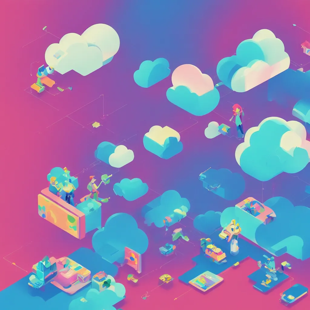 Image similar to a simple micro-service deployed to a public cloud, security, attack vector, trending on Artstation, painting by Jules Julien, Leslie David and Lisa Frank, muted colors with minimalism