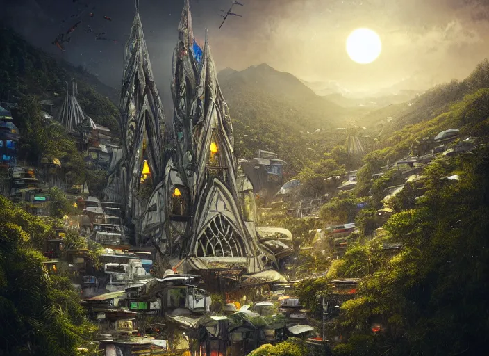 Image similar to favela spaceship cathedral, forest environment, sorcery, scenery, professional, award - winning, trending on artstation, hyper detailed, realistic, beautiful, emotional, shiny, somber, picture