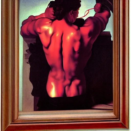 Image similar to painting by caravaggio!! male cyborg body profile cyberpunk neon metal glow red purple black