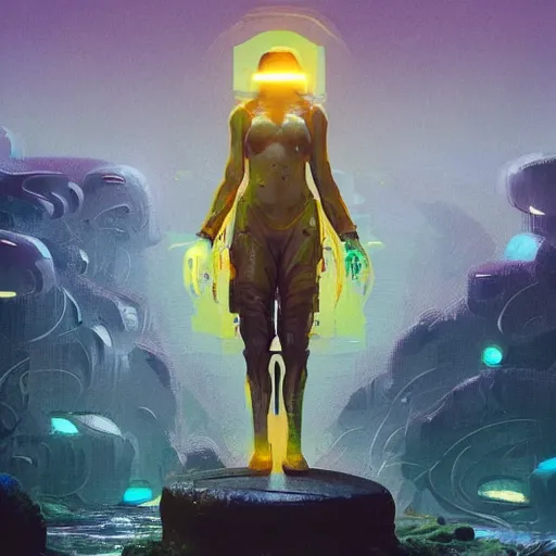 Image similar to a sage meditates under a waterfall pieces with glowing yelow visor as a realistic scifi cyberpunk, torso, art by james jean and greg rutkowski!!, real body proportions, digital art,, golden ratio, perfect composition, trending on artstation, 8 k