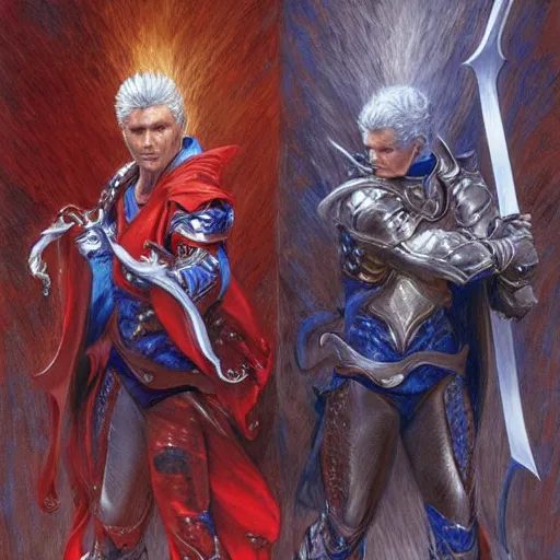 Image similar to Dante and Vergil clashing swords, art by Donato Giancola and James Gurney, digital art, trending on artstation