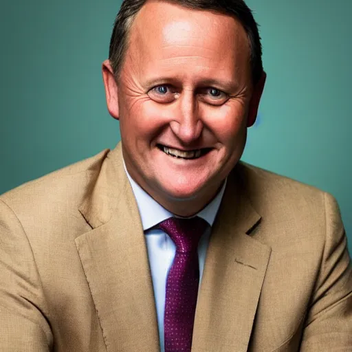 Image similar to a beautiful studio photo portrait of john key in chinatown, happy and smiling