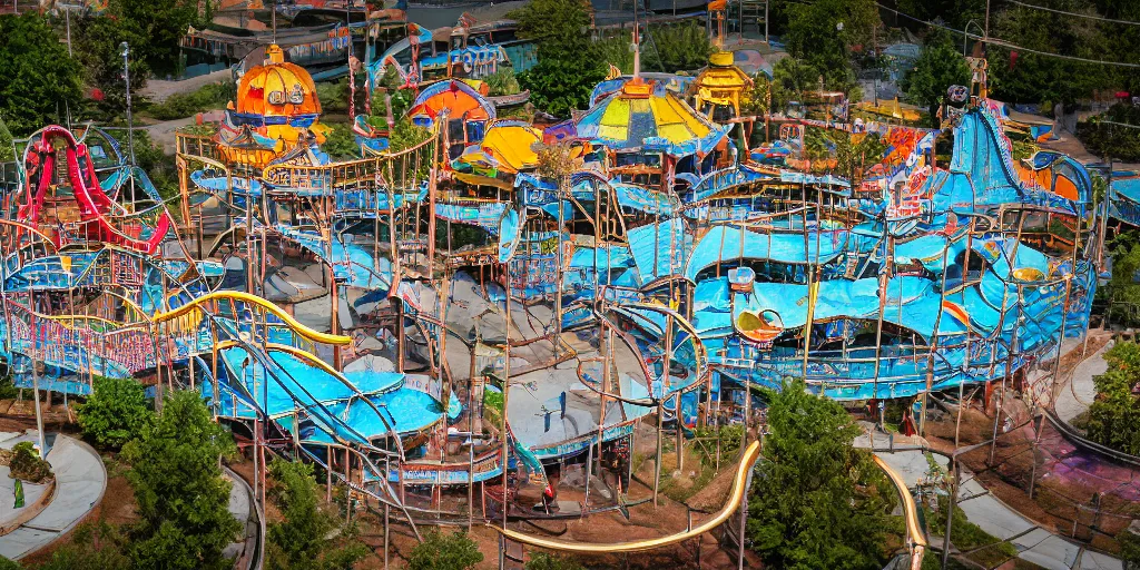 Prompt: Aerial Photo of nostalgic abandoned amusement park, photo realistic, isometric, tilt shift, bokeh, award winning, trending, 8k, HD