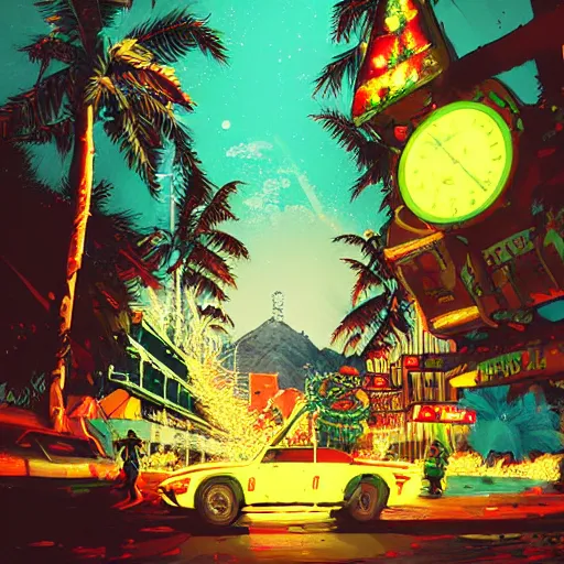 Prompt: christmas in hawaii by james gilleard and liam wong and jeremy mann, extra wide angle