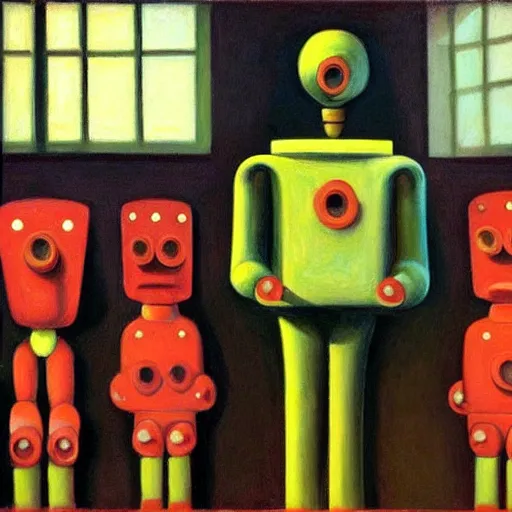 Image similar to robots queue up for ice cream, grant wood, pj crook, edward hopper, oil on canvas