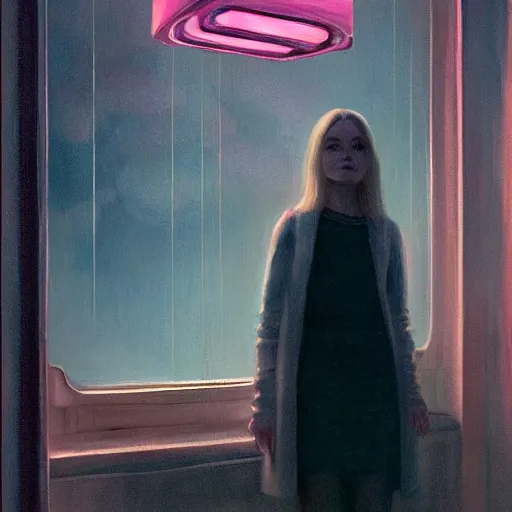 Prompt: Elle Fanning at night in the world of John Sargent, stormy weather, extremely detailed masterpiece, oil on canvas, low-key neon lighting, artstation, Blade Runner 2049, Roger Deakin’s cinematography, by J. C. John Sargent and Edward Hopper,