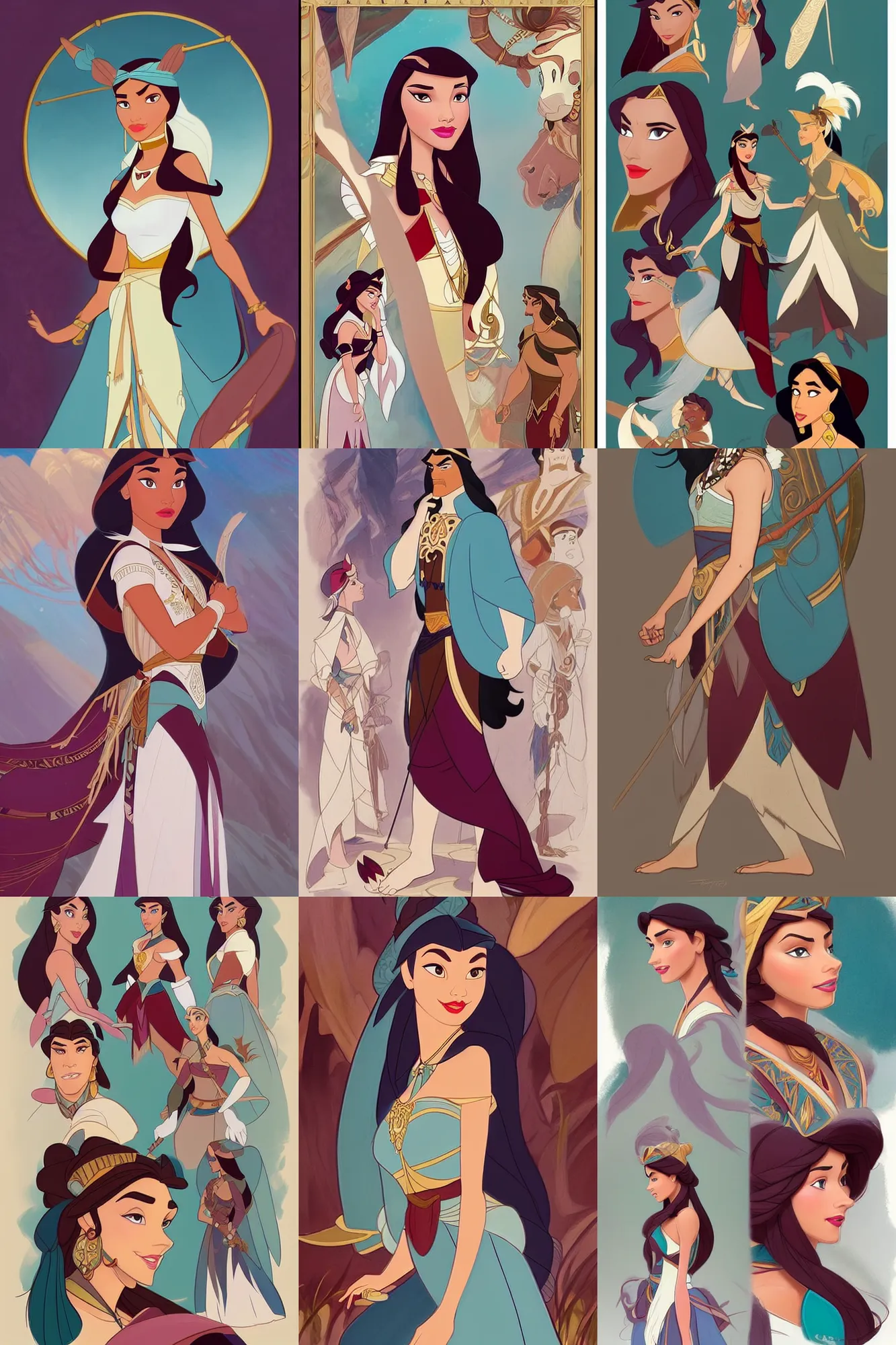 Prompt: fashion and character design spot illustrations from disney's pocahontas combined with hercules, white and burgundy and teal colors with gold lame accents, d & d, fantasy, intricate, elegant, highly detailed, digital painting, artstation, concept art, matte, sharp focus, illustration, hearthstone, art by artgerm and greg rutkowski and alphonse mucha