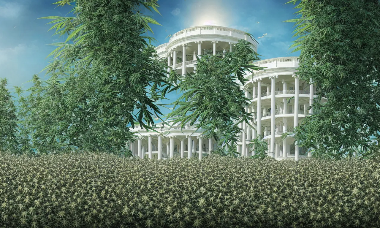 Image similar to a architectural portrait of the white house surrounded in wild blooming cannabis on a beautiful summer day, cg art, fine art, highly detailed, digital painting, cgi, volumetric lighting, sunny atmosphere