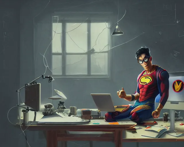 Image similar to an insanely detailed painting of a nerdy asian man wearing a superhero costume, sitting at a desk, staring at the nervously at the computer and typing, in the style of peter mohrbacher, dramatic lighting and composition, octane render, pixar, trending on artstation, concept art, comic book, view from behind