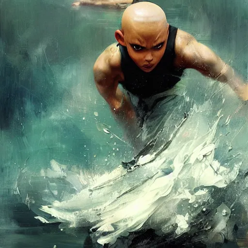 Image similar to avatar aang in water bending, jeremy mann painting