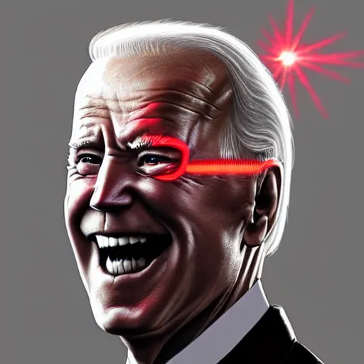 Image similar to joe biden with angry glowing red laser eyes. wrathful supervillain. laughter. science fantasy character concept art. best of artstation. ap photo.