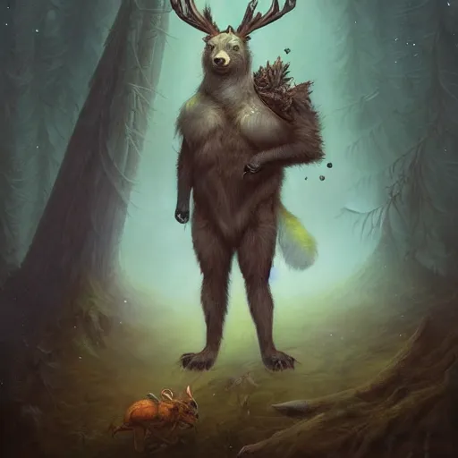 Prompt: a creature that is a hybrid between a bear and a bunny with golden brown antlers. Jordan Grimmer. Peter Mohrbacher. George Stubbs