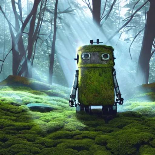 Image similar to a robot covered in moss lying in a forest, shafts of light god rays, hayao miyazaki studio ghibli