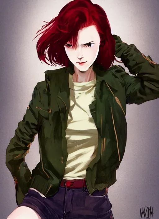Prompt: photograph of a full-body shot of an attractive tomboy girl with long, crimson red hair and red eyes, wearing a brown, open jacket and green jeans with a stern look, concept art, character design, by WLOP, by Ross Draws, by Tomine, by Satoshi Kon, by Rolf Armstrong, by Peter Andrew Jones