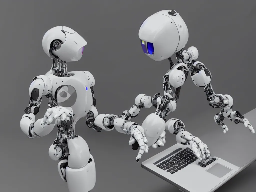 Image similar to simple robot using software on a computer, photorealistic