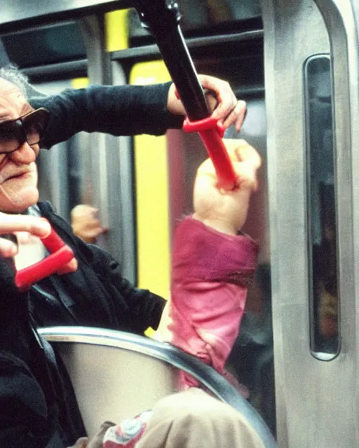 Image similar to movie villain, actor david patrick kelly practicing with his brightly glowing nunchucks while riding a subway train, movie dreamscape