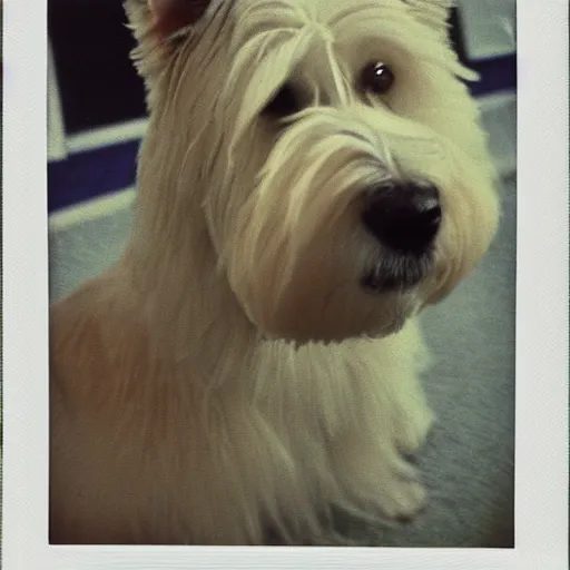 Image similar to west highland terrier, polaroid by Tarkowski, very realistic, highly detailed