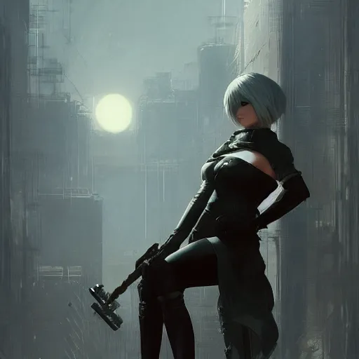 Prompt: a portrait of 2 b nier automata, post apocalyptic earth in the background as seen by greg rutkowski, dark theme, enchanted, warm colors, high quality, waw, trending on artstation