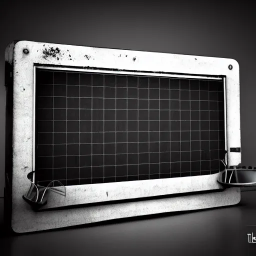 Image similar to an old, filthy, broken, 1960s-era, retro device, made of brushed steel, for displaying recipes, digital pong screen, set on a kitchen counter, dramatic constrasting light, redshift render, but as high contrast photography, featured on behance, golden ratio, f32, well composed, cohesive, from the show X-Files