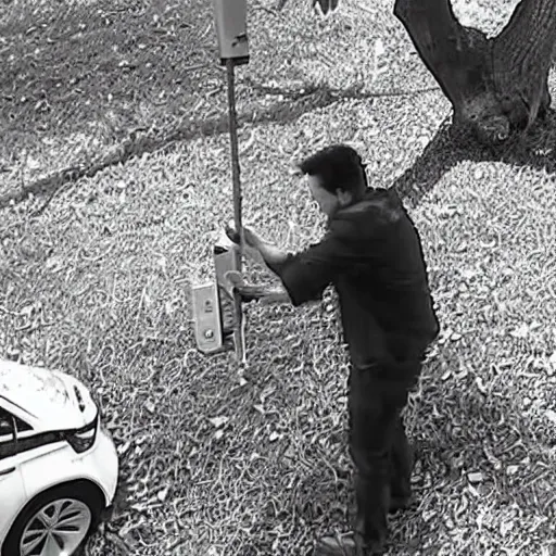 Image similar to security camera footage of drunk elon musk in my backyard staring at a tree. cctv. caught on camera