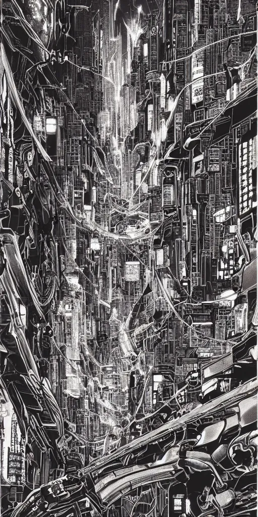 Image similar to beautiful and detailed anime drawing of an AKIRA-like cyberpunk city landscape with light trail from a motorcycle at the bottom and a bridge silhouette at the top, japan at night, 1980s, by Katsuhiro Otomo and mamoru oshii, wide angle, worm\'s eye view, grand, clean, colorful