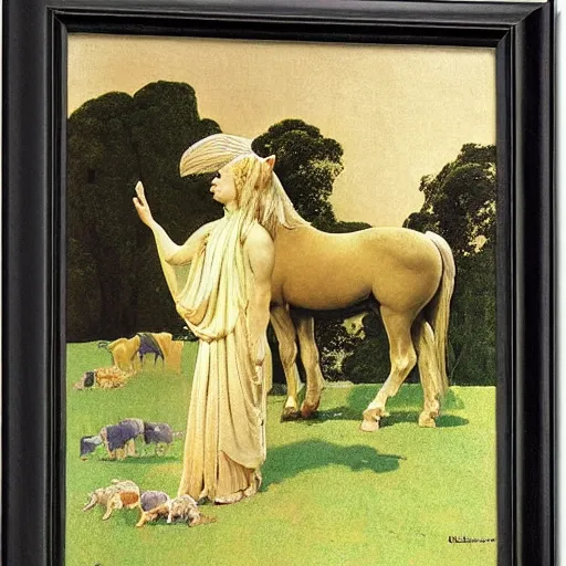 Image similar to offerings for the horse goddess by george stubbs by frederic remington by maxfield parrish