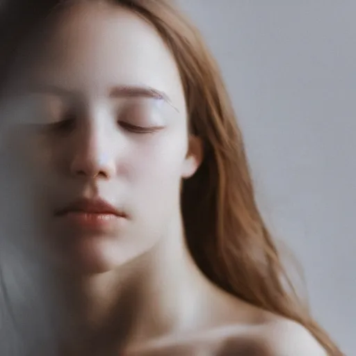 Prompt: photorealistic portrait of a beautiful young woman, very blurry, out of focus, translucent stone white skin, closed eyes, foggy, closeup