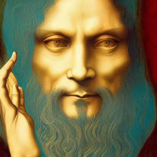 Image similar to A beautiful portrait of Leonardo Da Vinci wearing jeans and on on a psychedelic retreat in Miami, portrait, elegant, intricate, digital painting, artstation, concept art, sharp focus, illustration