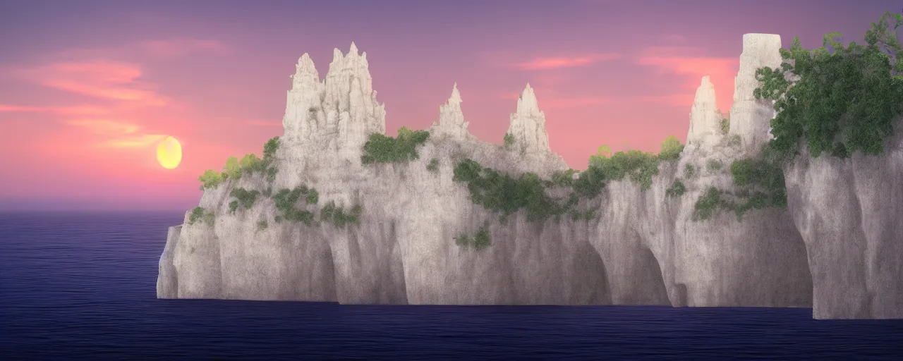 Prompt: tall white grand cathedral on sheer limestone cliff view from the ocean, sunset, high fantasy, soft lighting, concept art