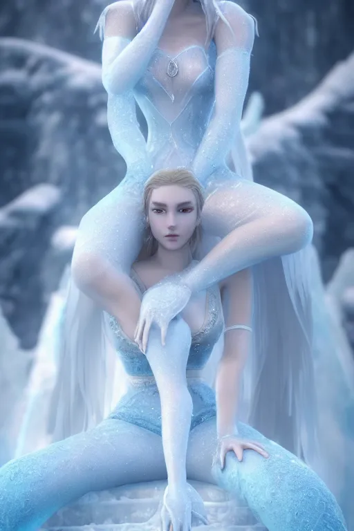 Image similar to Beautiful Ice Princess!! sitting on an ice throne, frost, fantasy, elegant, artstation, hard focus, octane render