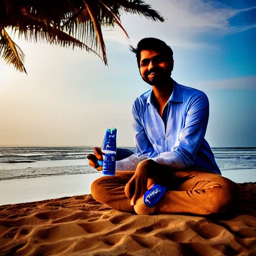 Prompt: shashank jain enjoying pepsi sitting on a sea beach