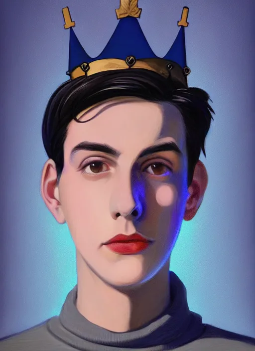 Image similar to portrait of teenage jughead jones wearing a light grey crown, crown, blue turtleneck, 1 9 5 0 s, closed eyes, photorealistic, black hair, glowing lighting, intricate, elegant, glowing lights, highly detailed, digital painting, artstation, concept art, smooth, sharp focus, illustration, art by wlop, mars ravelo and greg rutkowski