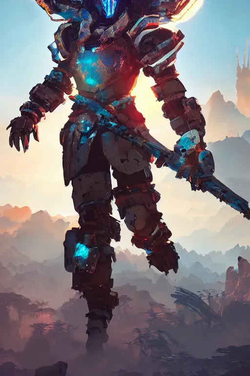 Image similar to combination suit armor aloy horizon forbidden west horizon zero dawn radiating a glowing aura global illumination ray tracing hdr fanart arstation by ian pesty and alena aenami artworks in 4 k tribal robot ninja mask helmet backpack