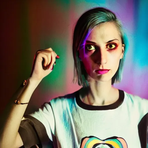 Prompt: hyperdetailed photo of a serious skinny woman with light eyes in front of a dark rainbow cybercity, short platine hair, hollow cheeks, wearing crop t - shirt, inside berghain, classic, photo 3 5 mm leica, hyperdetail, 8 k, very detailed, fine face