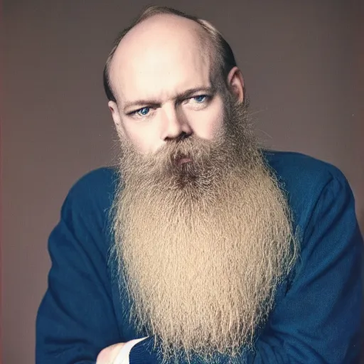 Image similar to color 35mm film still of a balding, middle aged blond man with a full blond beard and dark blue eyes, figure portrait