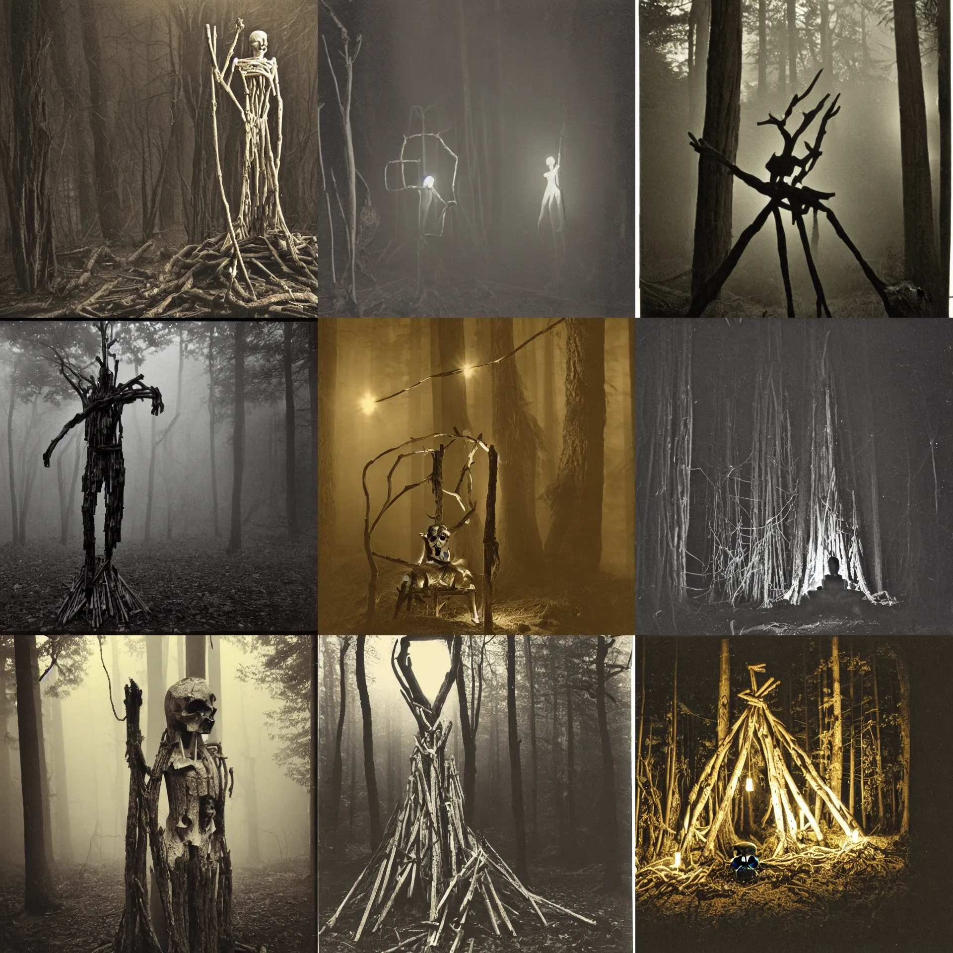 Prompt: a vintage photograph of a crude idol in a dark misty forest made from sticks, bone and twine and a skull at night, illuminated by a flashlight beam