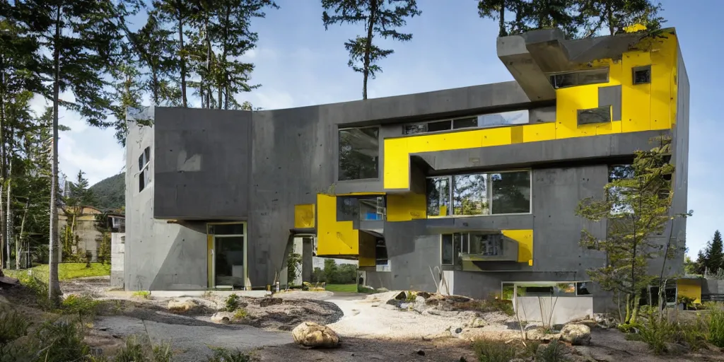 Image similar to large futuristic residence, gray and brown concrete, blue and yellow metal, many large green windows, cascadian, cuboid elements