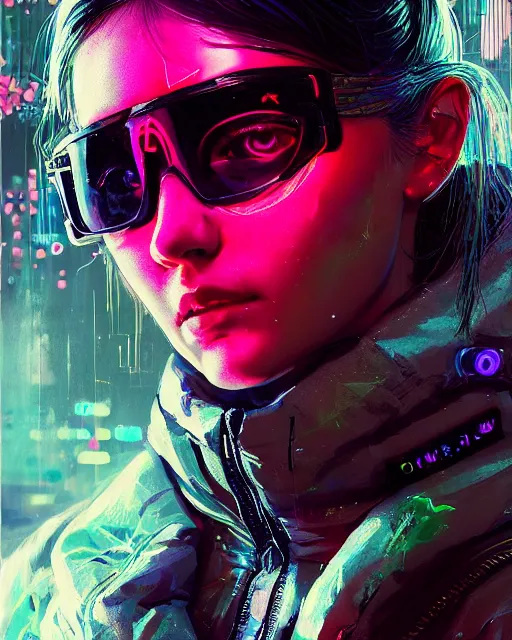 Image similar to detailed portrait Neon Operator Girl, cyberpunk futuristic neon, reflective puffy coat, decorated with traditional Japanese ornaments by Ismail inceoglu dragan bibin hans thoma greg rutkowski Alexandros Pyromallis Nekro Rene Maritte Illustrated, Perfect face, fine details, realistic shaded, fine-face, pretty face