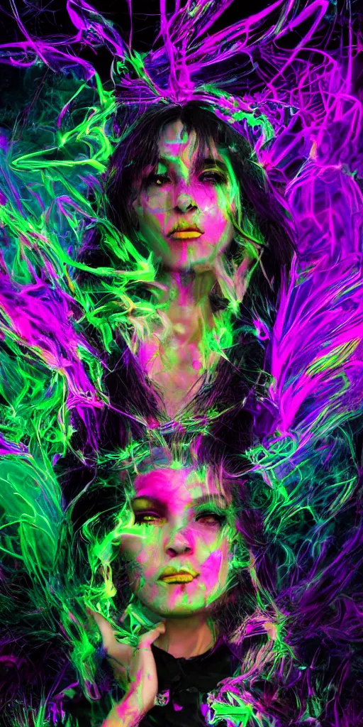 Image similar to impossibly beautiful witch hypnotizing her enemies with dark magic, intricate complexity, psychedelic glitch art, neon paint drip, inverted color scheme, trending on art station, photoreal, 8 k, octane render