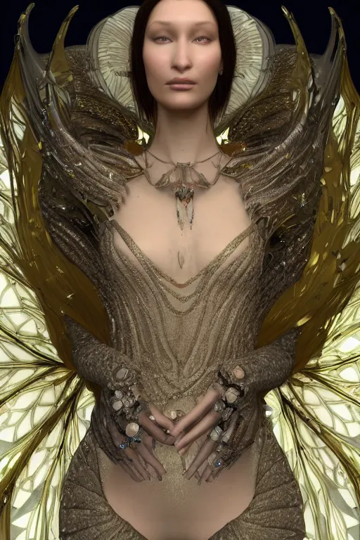 Image similar to a highly detailed 4 k render of a beautiful angel alien goddess bella hadid in iris van herpen dress schiaparelli in diamonds in style of alphonse mucha trending on artstation made in unreal engine 4