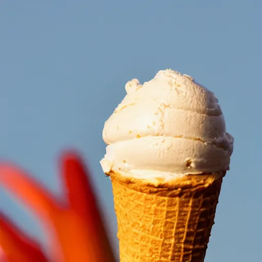 Image similar to detailed color photograph of a levitating ice cream cone with hairy, wriggling spider legs. shallow depth - of - field. dramatic light.