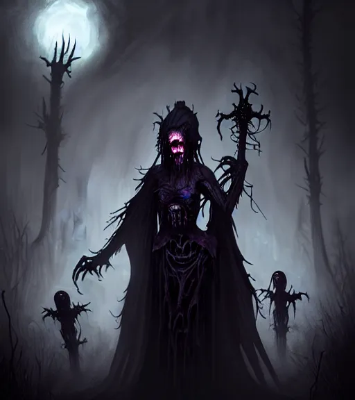 Image similar to gothic necrolord female with zombie servents, digital painting, liminal eerie midnight backlit, a picture taken by Michael Komarck and Daniel Ljunggren