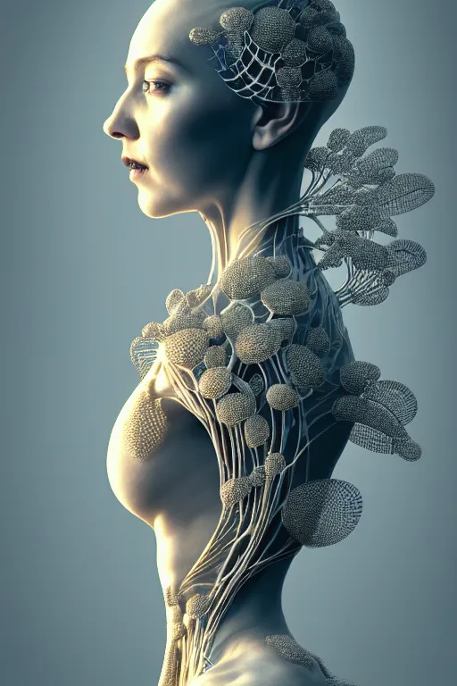 Image similar to intricate hyper detailed ultra sharp 3 d render of a beautiful porcelain biomechanical woman profile portrait, large pore fungi embroidered, rays of shimmering light, cyberpunk art nouveau, haute couture alexander mcqueen silver leaves stems dahlia transparent fractal dandelion yellow pistil filigree roots, octane render, volumetric cinematic lighting, 8 k post - production